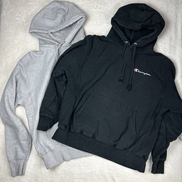 2 Champion Hoodies Reverse Weave Size Large Black Gray Sweater Pullover - Picture 1 of 13